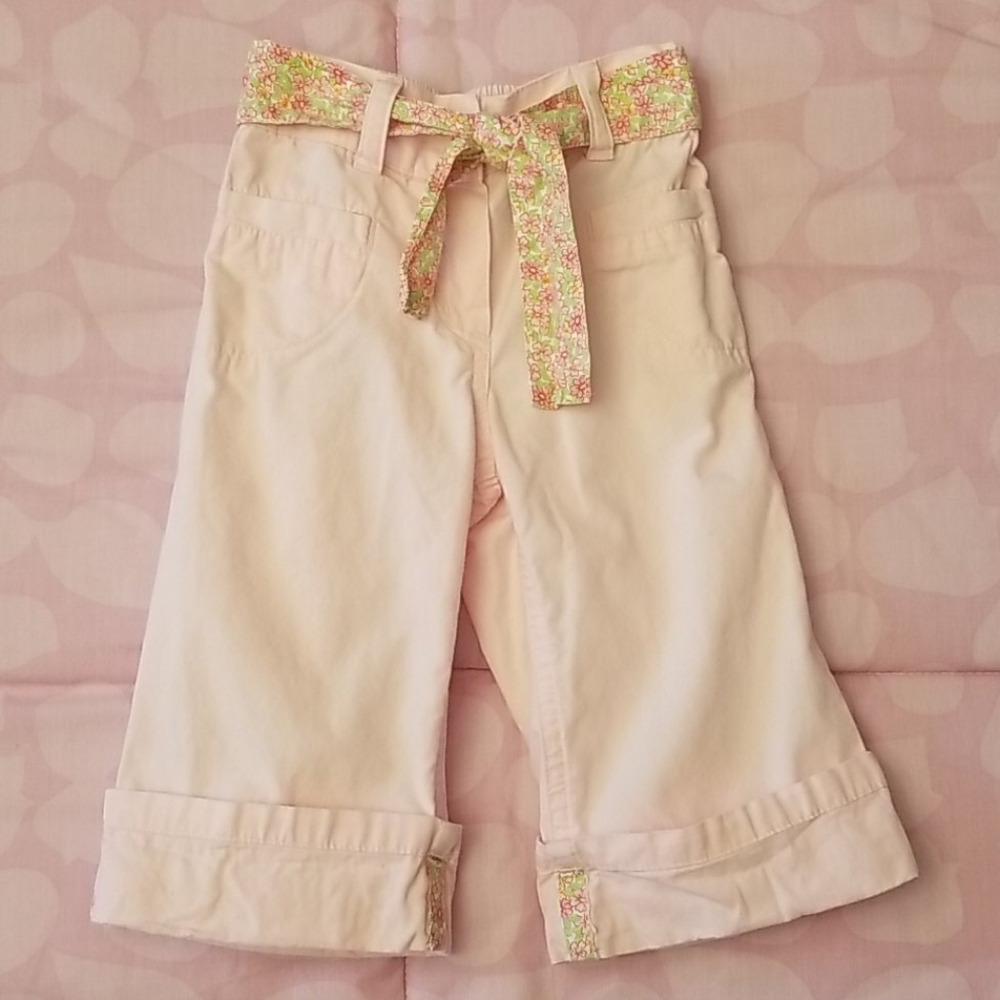Baby Girl Pink Cotton Pants w/Flower Belt & Trim